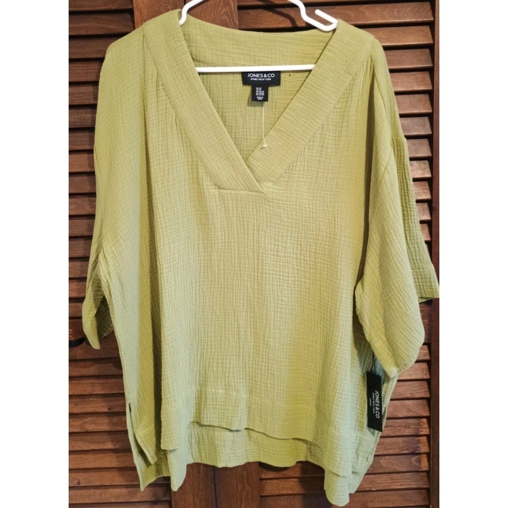 NWT Jones & Co 2X 100% Cotton Gauze Peasant Popover Top Green Short Sleeve Boho